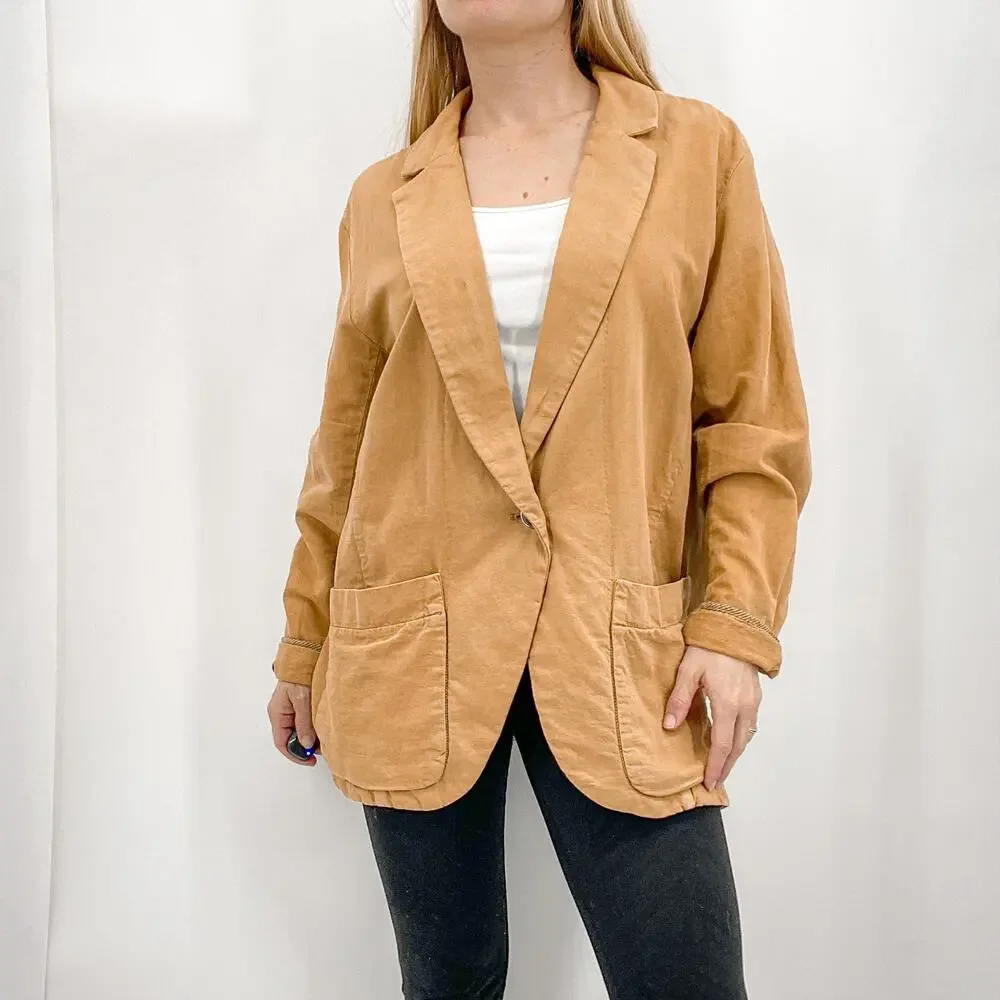 Free People Simply Perfect Tan Brown Linen Cotton Oversized Blazer Jacket Small